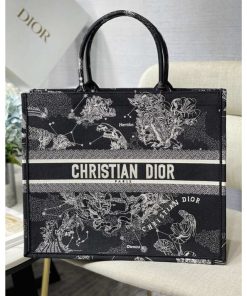 Christian Dior Large Book Tote Black Toile de Jouy Zodiac Embroidery, Designer Handbags, Womens Purse, luxury bags