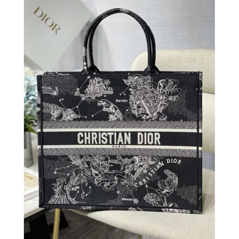 Christian Dior Large Book Tote Black Toile de Jouy Zodiac Embroidery, Designer Handbags, Womens Purse, luxury bags