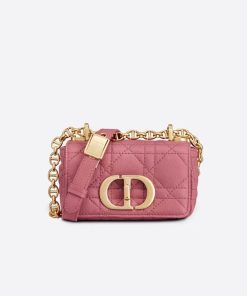 Christian Dior Micro Caro Bag Yarrow Pink Supple Cannage Calfskin, Designer Handbags, Womens Purse, luxury bags