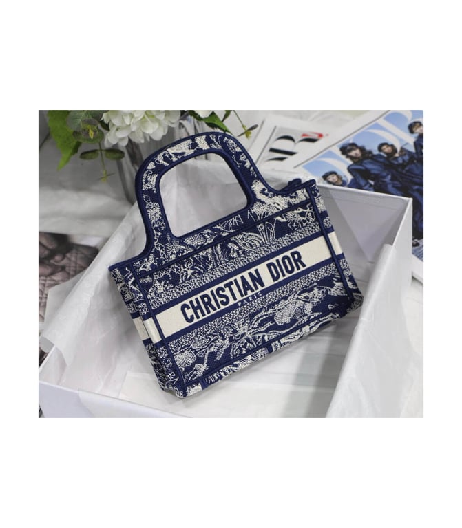 Christian Dior Mini Book Tote Blue Toile de Jouy Reverse Embroidery, Designer Handbags, Womens Purse, luxury bags