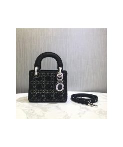 Christian Dior Mini Lady Dior Bag Black Calfskin with Platinum Beaded Cannage Embroidery, Designer Handbags, Womens Purse, luxury bags
