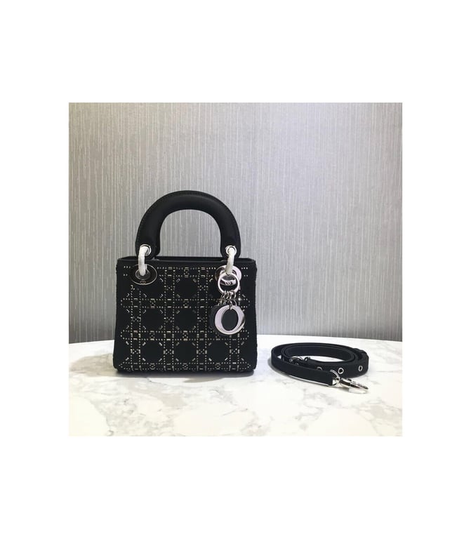Christian Dior Mini Lady Dior Bag Black Calfskin with Platinum Beaded Cannage Embroidery, Designer Handbags, Womens Purse, luxury bags