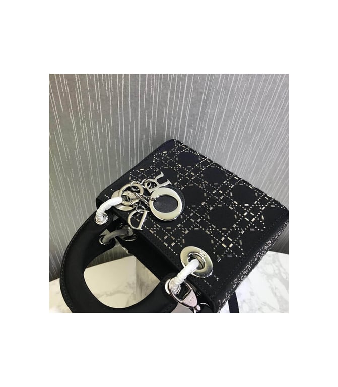 Christian Dior Mini Lady Dior Bag Black Calfskin with Platinum Beaded Cannage Embroidery, Designer Handbags, Womens Purse, luxury bags - Image 10