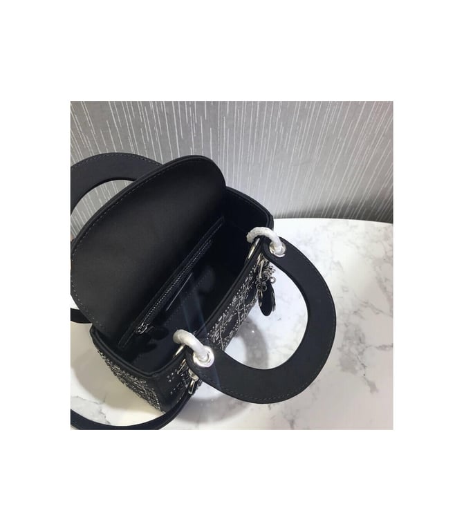 Christian Dior Mini Lady Dior Bag Black Calfskin with Platinum Beaded Cannage Embroidery, Designer Handbags, Womens Purse, luxury bags - Image 12