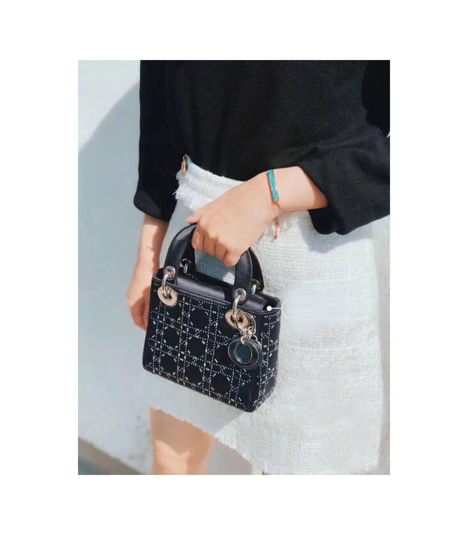 Christian Dior Mini Lady Dior Bag Black Calfskin with Platinum Beaded Cannage Embroidery, Designer Handbags, Womens Purse, luxury bags - Image 3