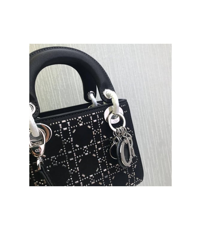 Christian Dior Mini Lady Dior Bag Black Calfskin with Platinum Beaded Cannage Embroidery, Designer Handbags, Womens Purse, luxury bags - Image 8
