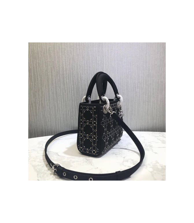 Christian Dior Mini Lady Dior Bag Black Calfskin with Platinum Beaded Cannage Embroidery, Designer Handbags, Womens Purse, luxury bags - Image 9