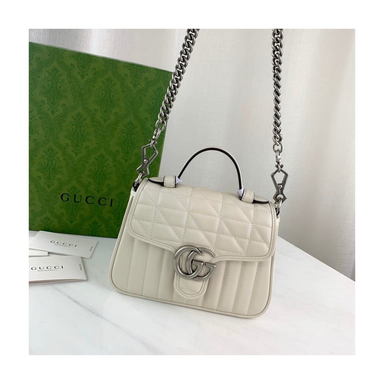 Gucci GG Marmont White Matelasse Leather Mini Top Handle Bag - Image 6