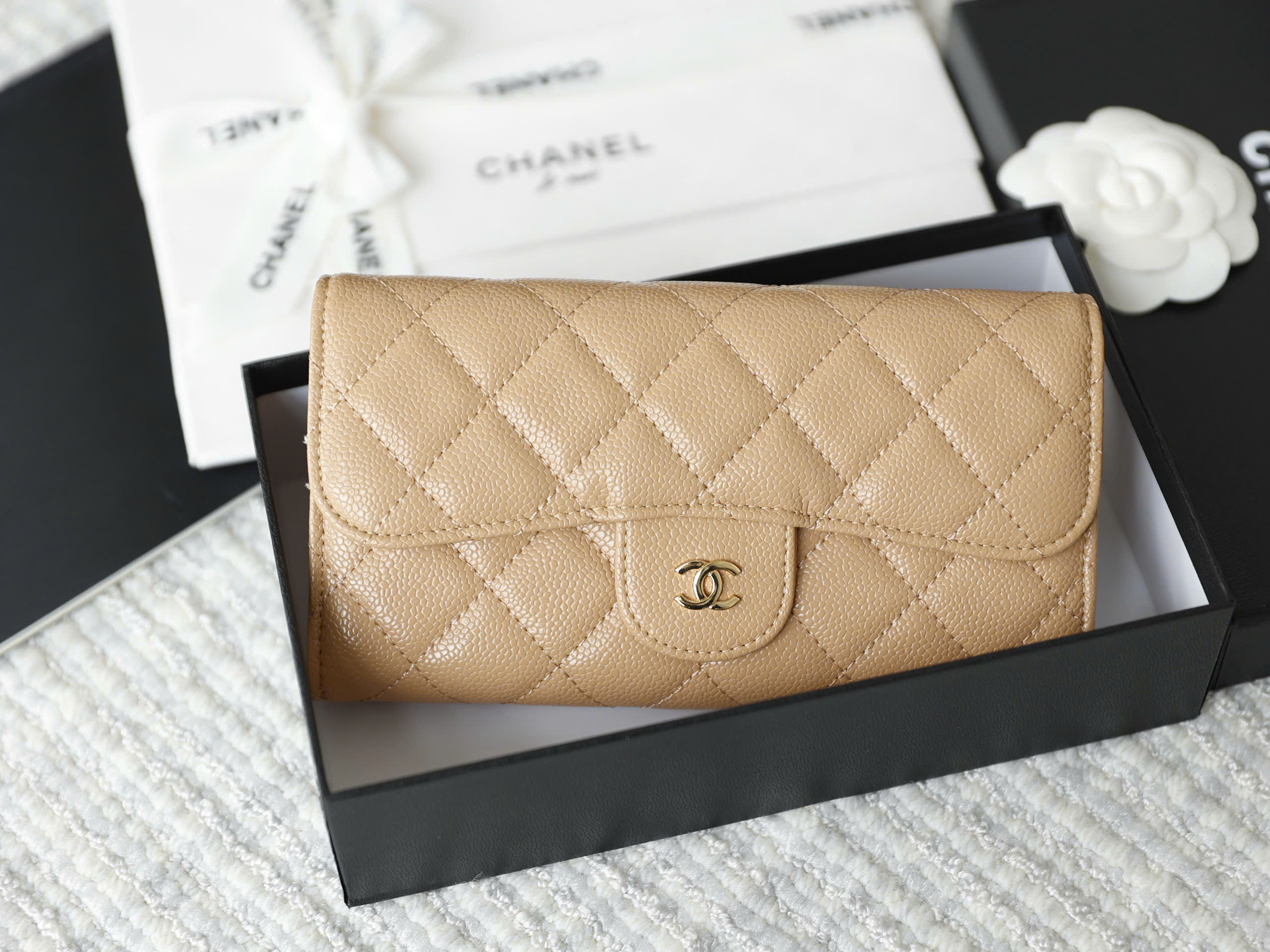 Premium Latte Grained Quilted Flap Wallet