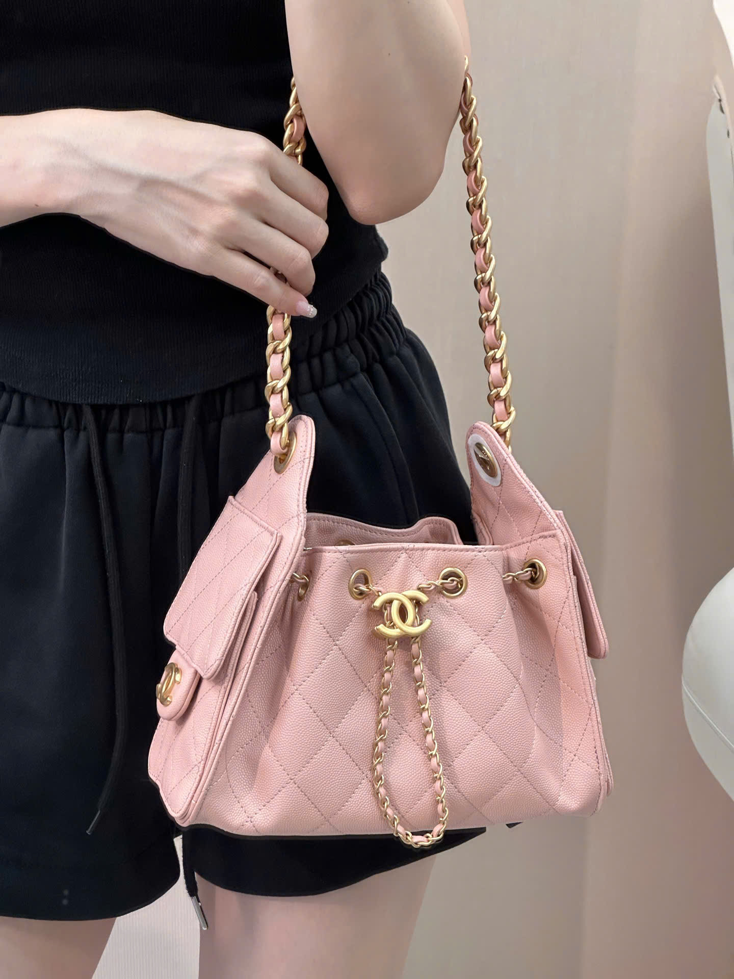 Boutique Edition Diamond Quilted Drawstring Bucket Bag 26cm - Blush Pink - Image 3