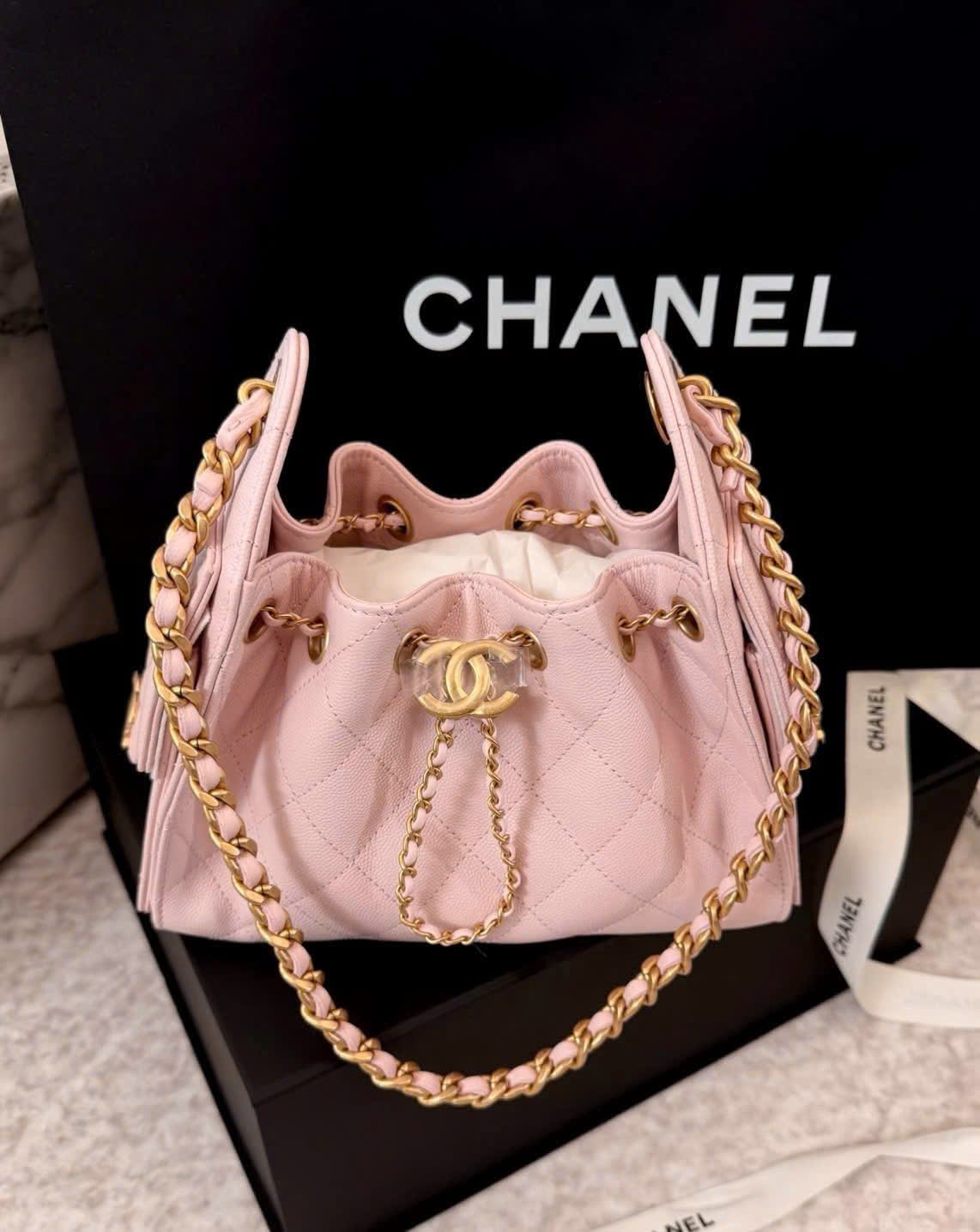 Boutique Edition Diamond Quilted Drawstring Bucket Bag 26cm - Blush Pink - Image 4