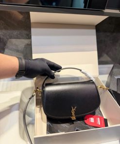 Alternative view of Curved Leather Flap Bag with Gold Monogram Hardware - Size 22 (Classic Black)