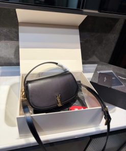 Curved Leather Flap Bag with Gold Monogram Hardware - Size 22 (Classic Black)