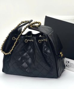 Diamond Quilted Caviar Drawstring Bucket Bag - Size 26 (Classic Black with 24K GHW)