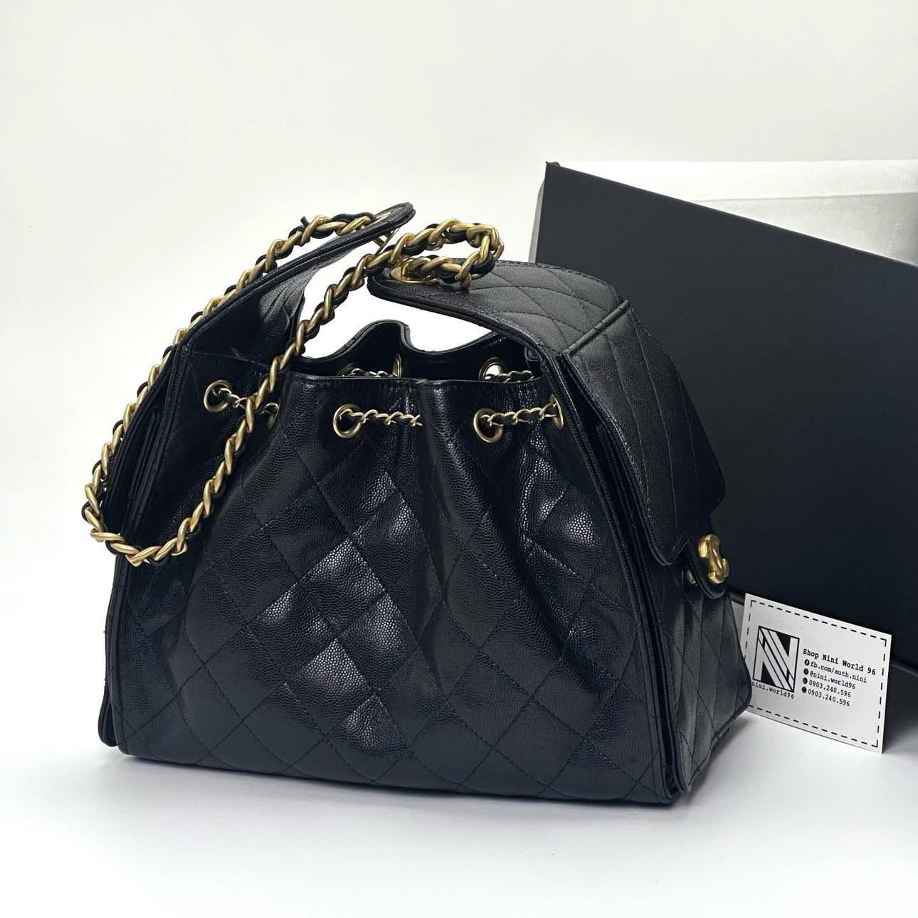 Diamond Quilted Caviar Drawstring Bucket Bag - Size 26 (Classic Black with 24K GHW)