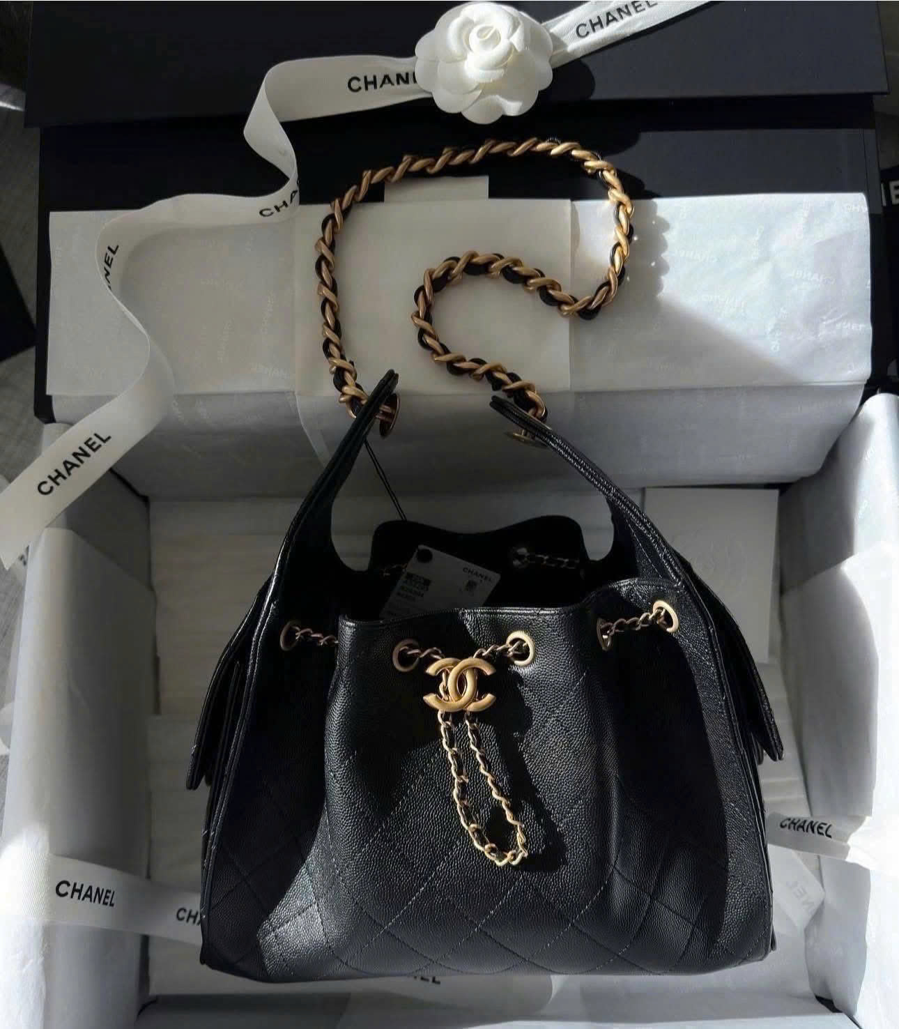 Diamond Quilted Caviar Drawstring Bucket Bag - Size 26 (Classic Black with 24K GHW) - Image 3