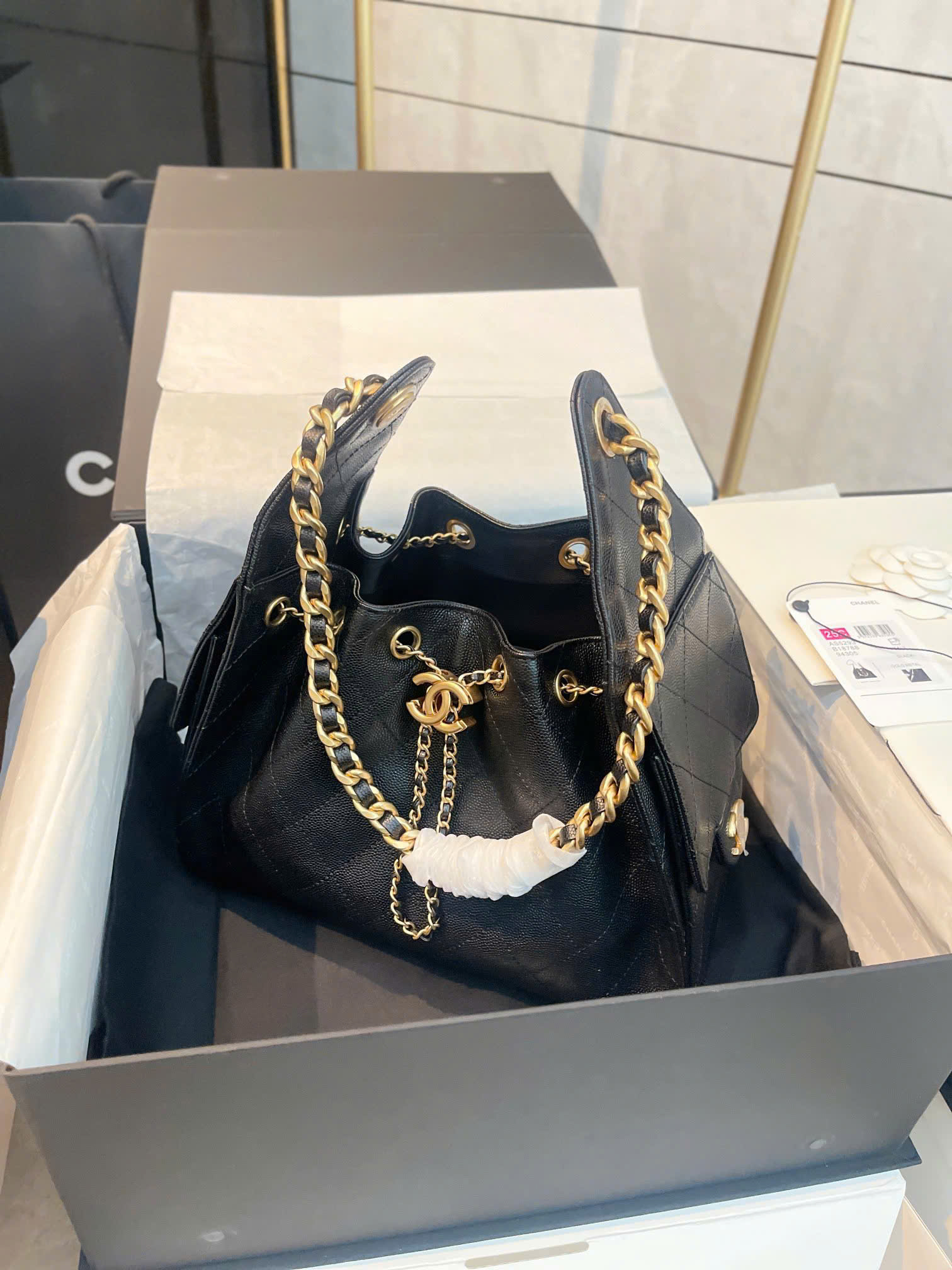 Diamond Quilted Caviar Drawstring Bucket Bag - Size 26 (Classic Black with 24K GHW) - Image 4