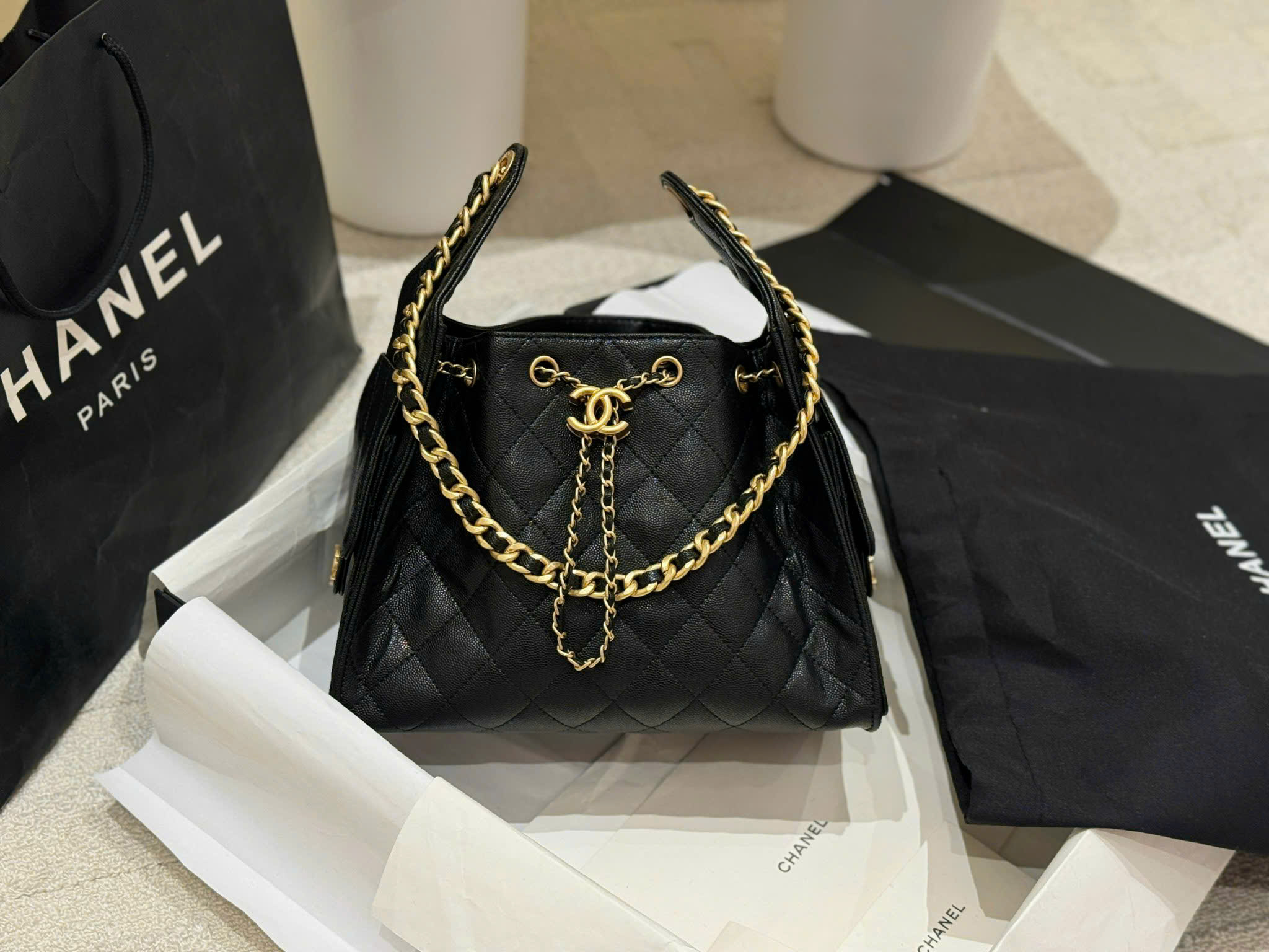 Diamond Quilted Caviar Drawstring Bucket Bag - Size 26 (Classic Black with 24K GHW) - Image 5