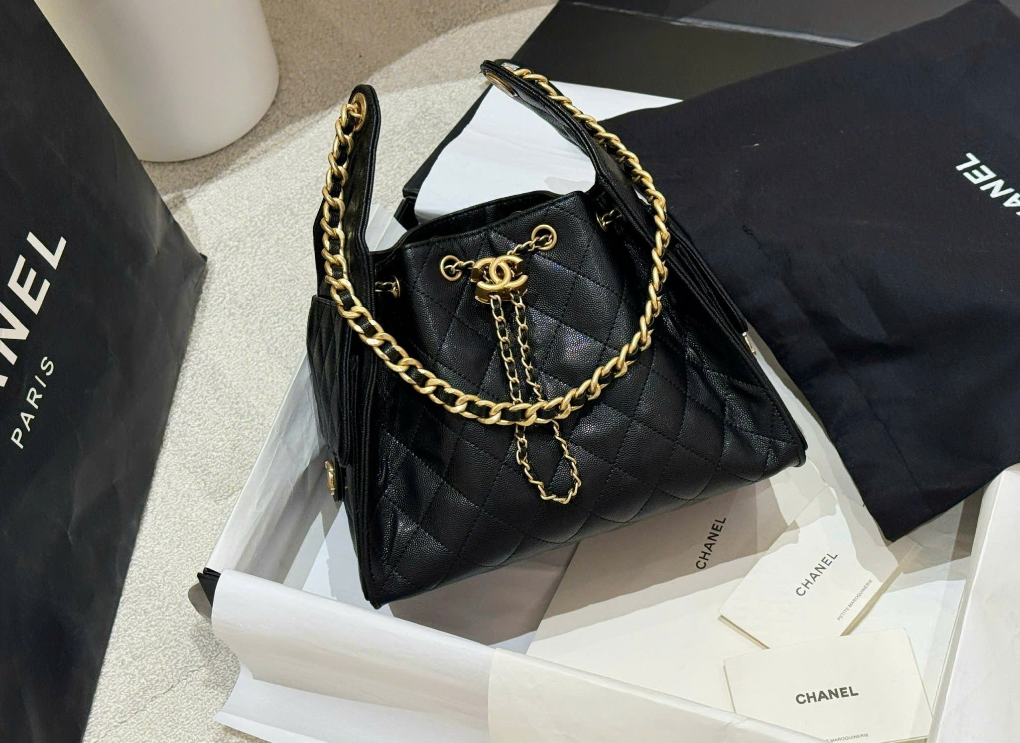 Diamond Quilted Caviar Drawstring Bucket Bag - Size 26 (Classic Black with 24K GHW) - Image 6