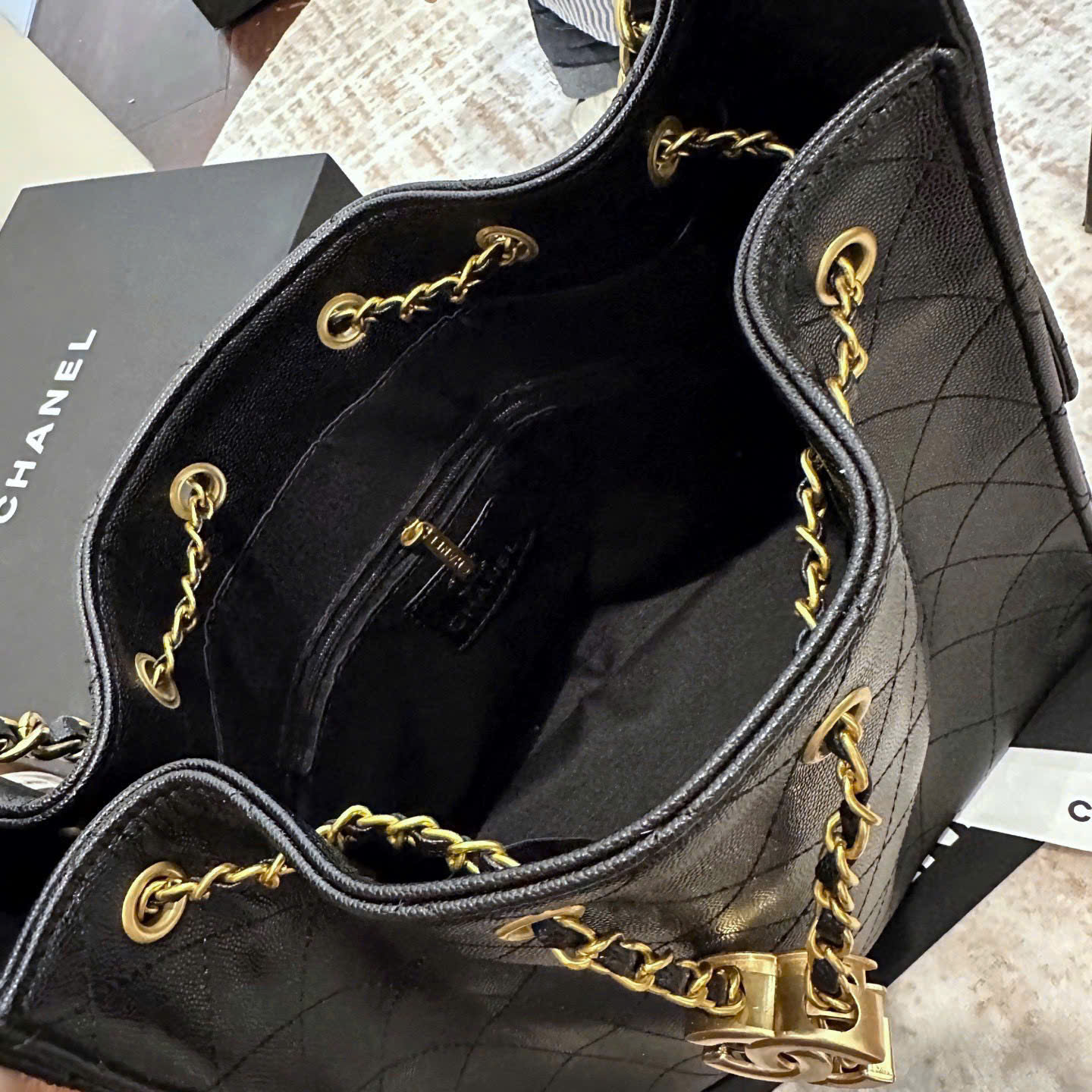 Diamond Quilted Caviar Drawstring Bucket Bag - Size 26 (Classic Black with 24K GHW) - Image 7