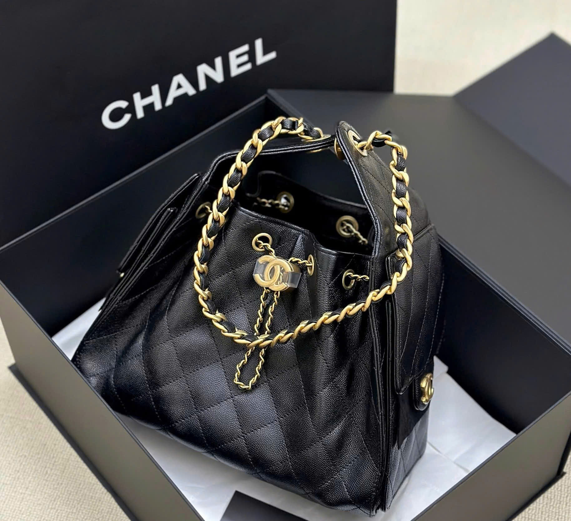 Diamond Quilted Caviar Drawstring Bucket Bag - Size 26 (Classic Black with 24K GHW) - Image 8