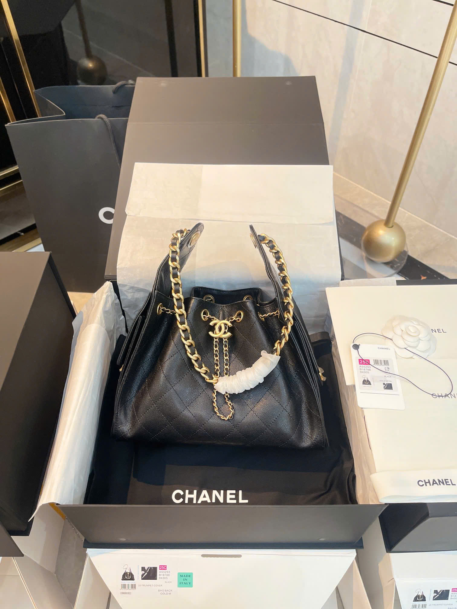 Diamond Quilted Caviar Drawstring Bucket Bag - Size 26 (Classic Black with 24K GHW) - Image 9