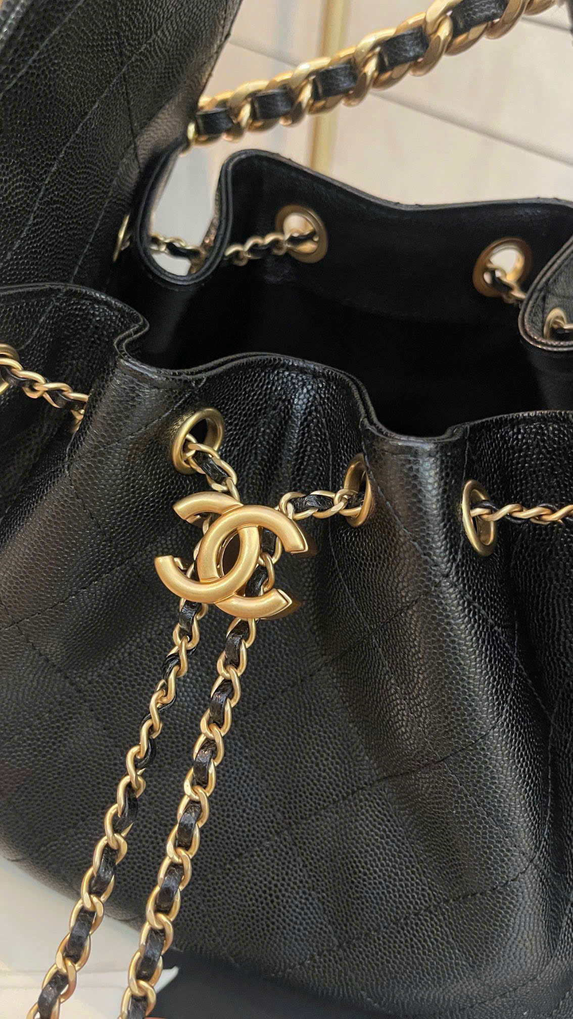 Diamond Quilted Caviar Drawstring Bucket Bag - Size 26 (Classic Black with 24K GHW) - Image 10