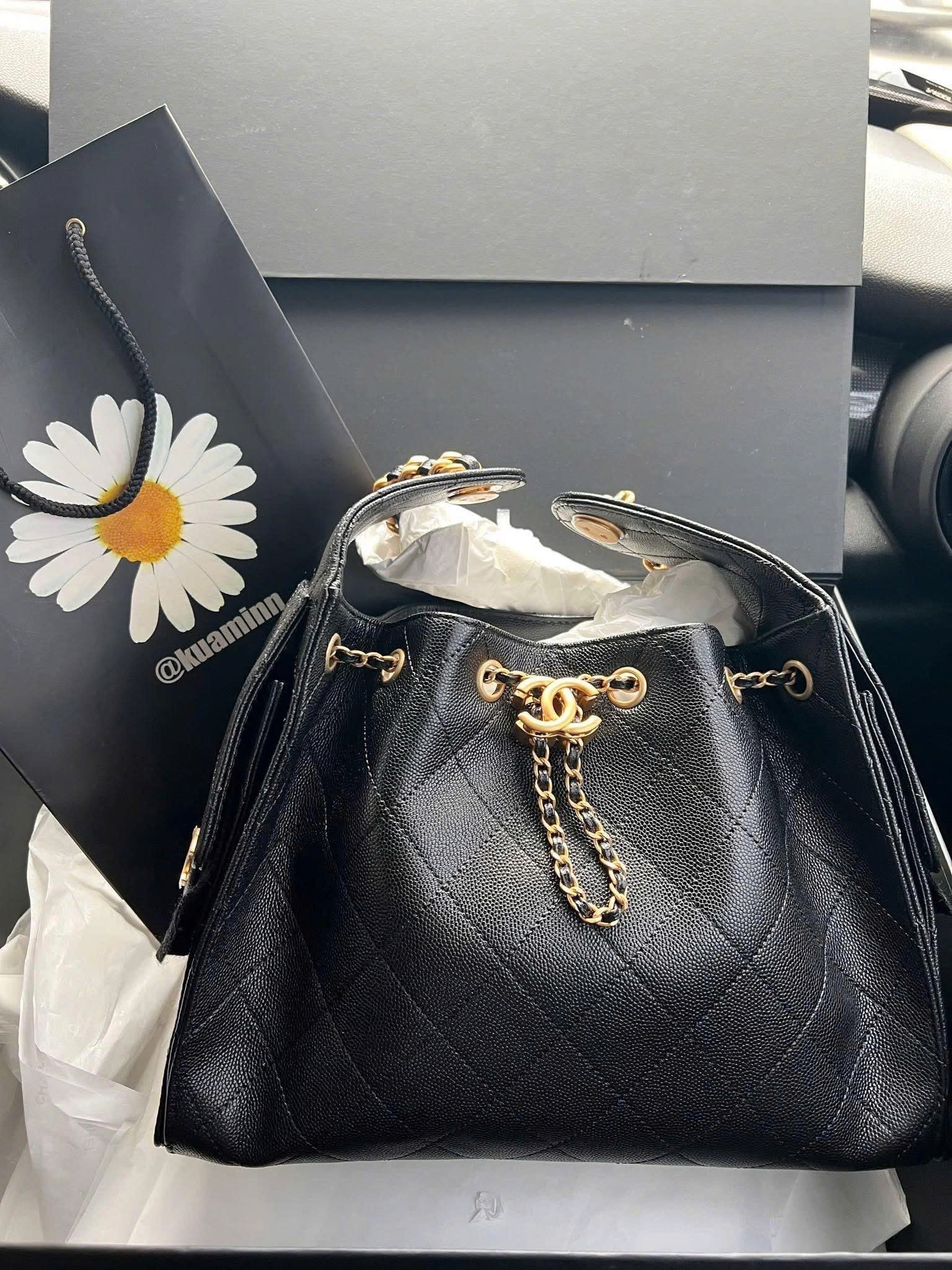 Diamond Quilted Caviar Drawstring Bucket Bag - Size 26 (Classic Black with 24K GHW) - Image 12